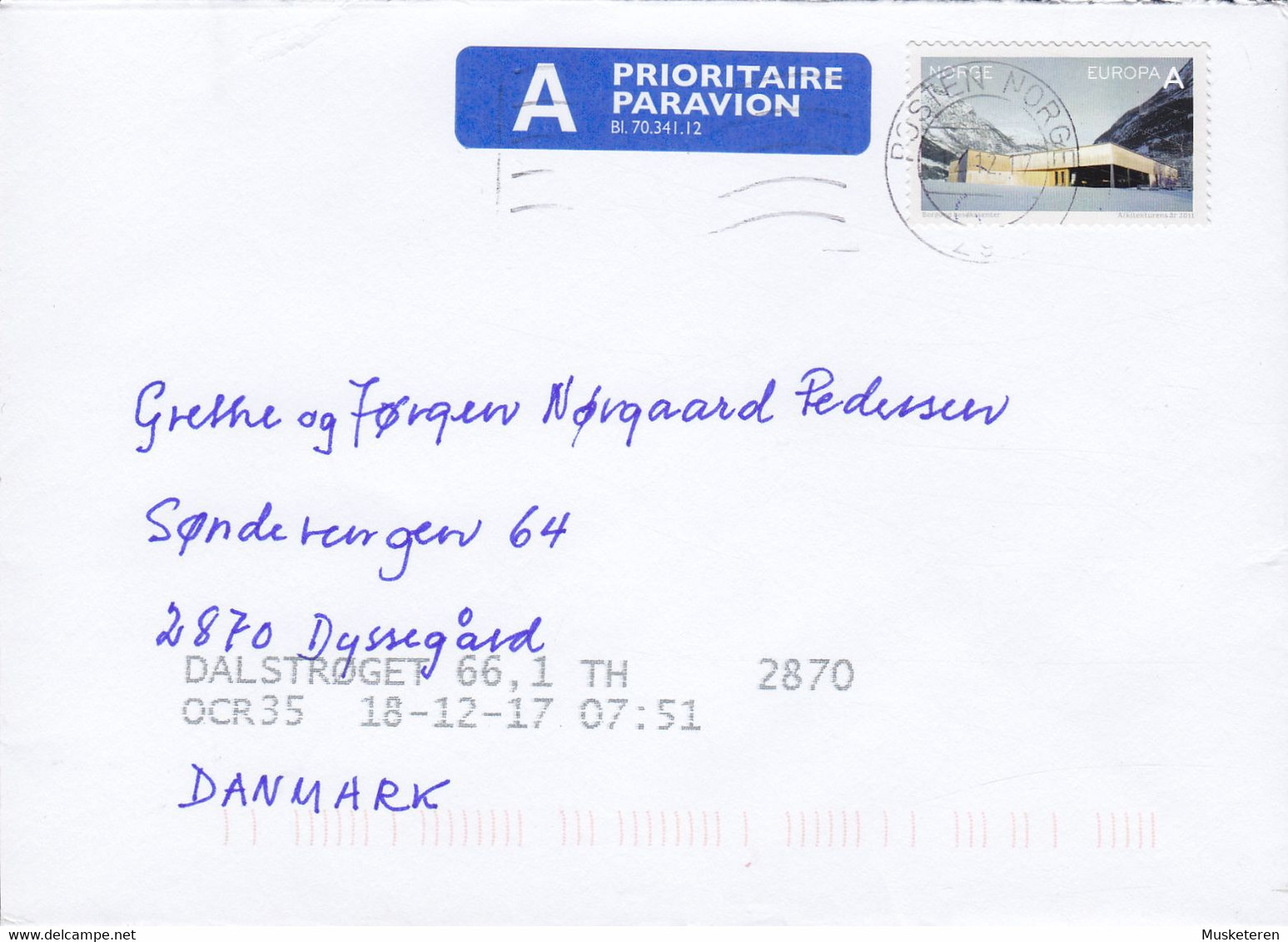 Norway A Prioritaire Par Avion Label POSTEN NORGE 2012 Cover Brief DYSSEGAARD Denmark REadressed Line Cancel !! - Storia Postale