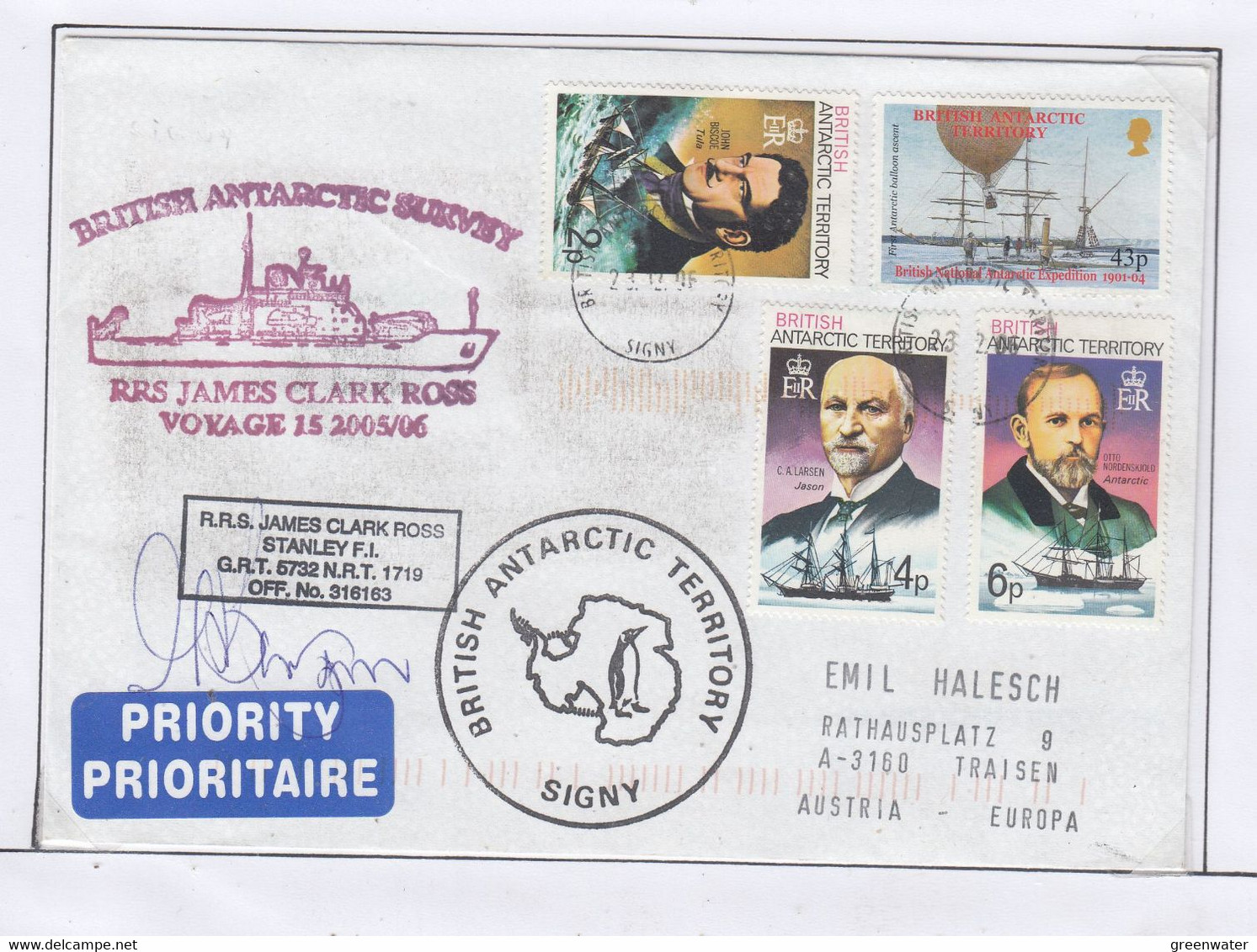 British  Antarctic Territory (BAT) 2006 Ship Visit RRS James Clark Ross Signature   Ca Signy 23.12.06 (TAB199B) - Covers & Documents