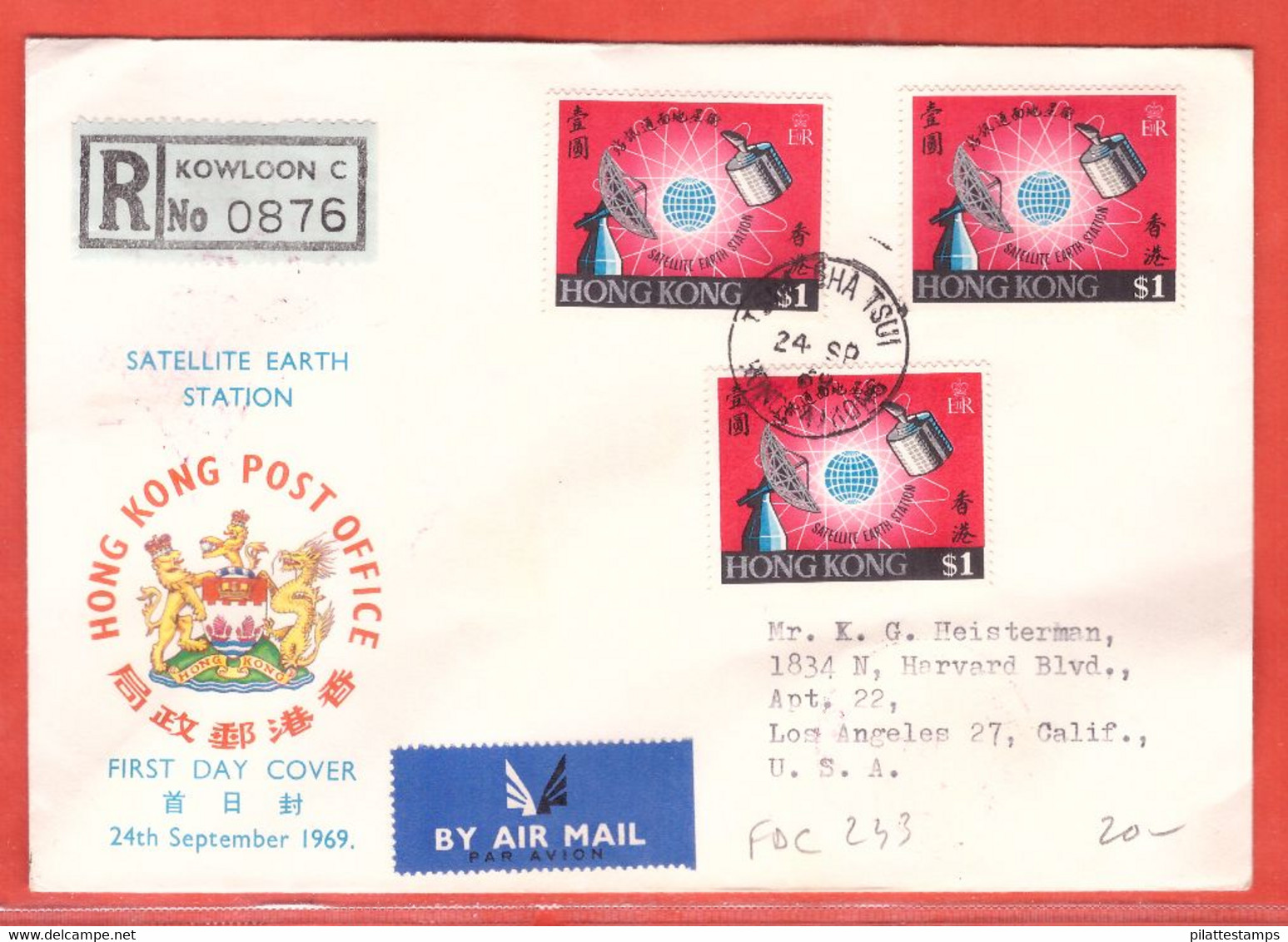 HONG KONG LETTRE RECOMMANDEE FDC DE 1969 SATELLITE - Cartas & Documentos