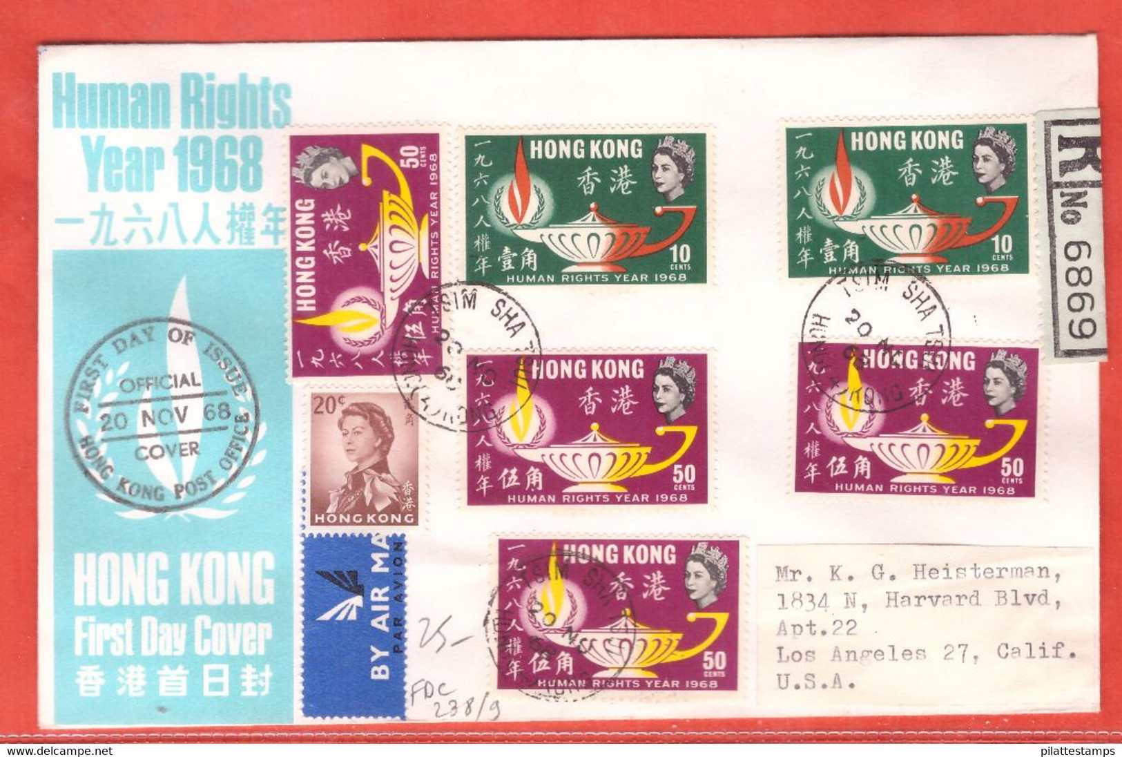 HONG KONG LETTRE RECOMMANDEE FDC DE 1968 DROITS DE L'HOMME - Brieven En Documenten