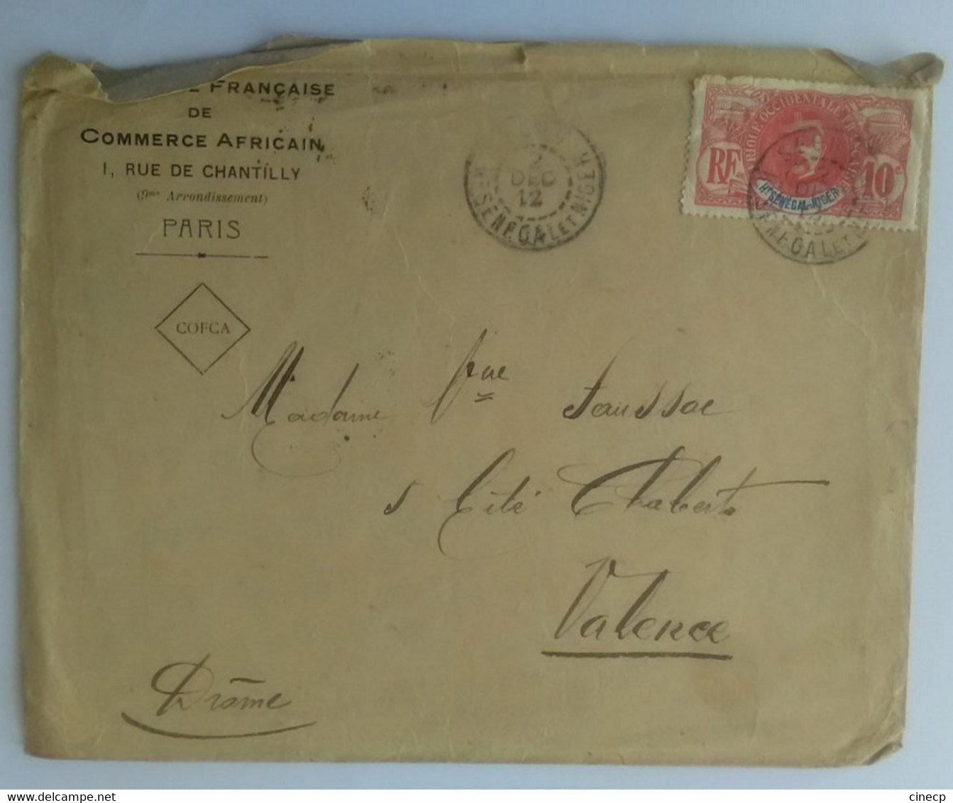 ENVELOPPE Compagnie Française De Commerce Africain HAUT SENEGAL ET NIGER Tàd 1912 Marcophilie Timbre 10c - Brieven En Documenten