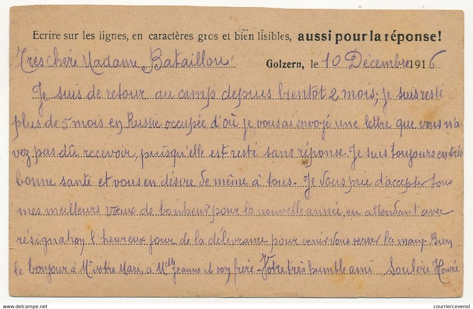 Carte Prisonnier Français - Camp De Golzern (Mulde) - 23/12/1916 - Censure - Guerra De 1914-18