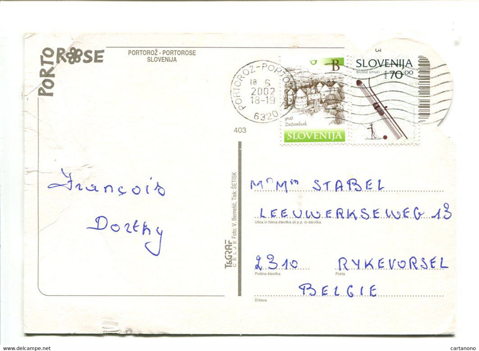SLOVENIE 2002 - Affranchissement Sur Carte Postale Pour La Belgique - Slowenien