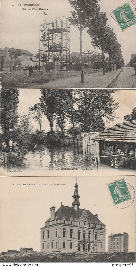 LA COURNEUVE LE LAVOIR + MAIRIE EN CONSTRUCTION + NOUVELLE PLACE DEZOBRY 1911 - La Courneuve