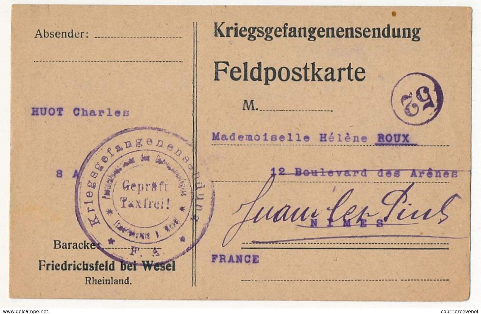 Carte Prisonnier Français - Camp De Friedrichsfeld Beu Wesel (Rheinland) - 27/3/1917 - Censure - 1. Weltkrieg 1914-1918