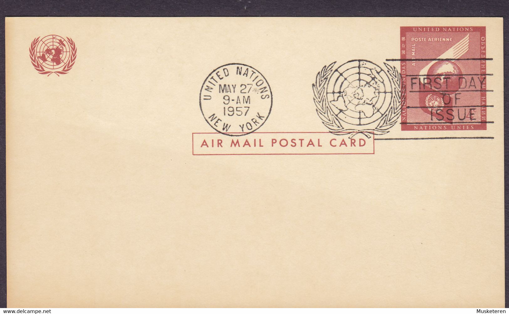 United Nations Postal Stationery Ganzsache Entier NEW YORK First Day Of Issue 1957 Air Mail Postal Card - Storia Postale