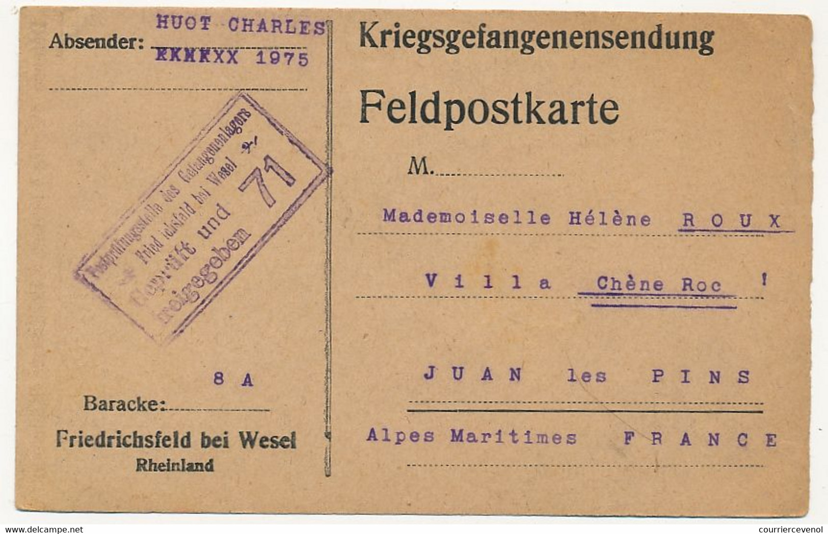 Carte Prisonnier Français - Camp De Friedrichsfeld Bei Wesel (Rheinland) - 5/6/1917 - Censure 71 - Guerre De 1914-18