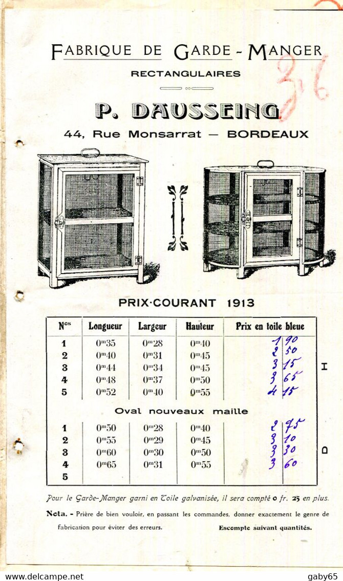 FACTURE.33.BORDEAUX.FABRIQUE DE GARDE MANGER,CHAUFFE PIEDS & MONES.P.DAUSSEING.TARIF 1912. - Non Classés