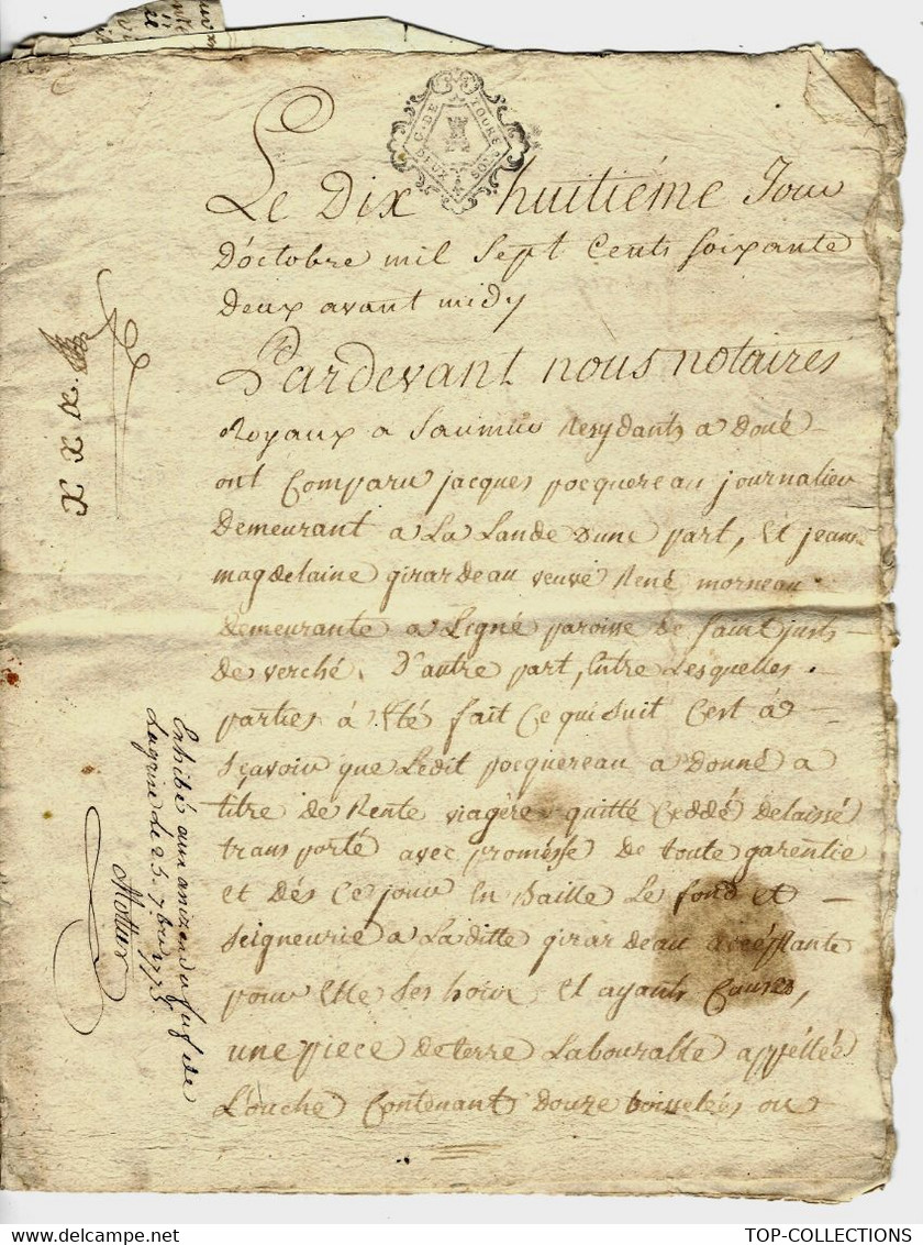 ANNEE 1762 ACTE NOTARIE SAUMUR GENERALITE DE TOURS CACHET V.SCANS - Algemene Zegels