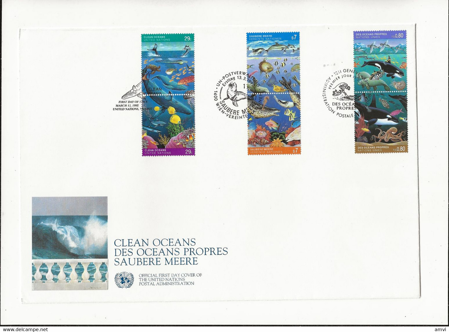 22-4 - 878 WHALES DOLPHIN FISH Multi Stamps FDC UN Vienna United Nations Environment Clean Oceans - Balene