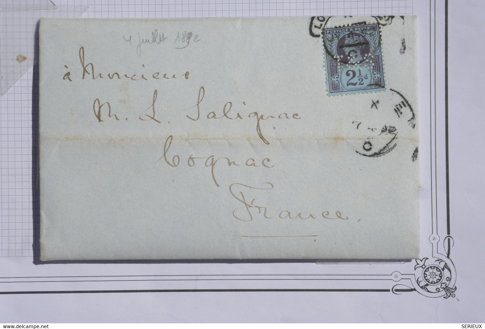 AD9 ENGLAND GREAT COVER PERFIN 4 07 1892 LONDON  TO COGNAC FRANCE+ 2 1\2 PENCE++AFFRANC. PLAISANT - Cartas & Documentos