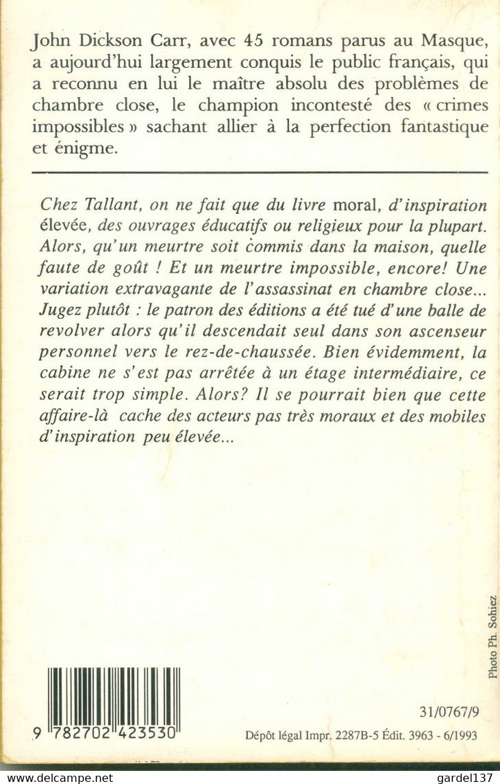 JOHN DICKSON CARR  Mort Dans L'ascenseur  1939  Club Des Masques No 617, 1992 - Le Masque