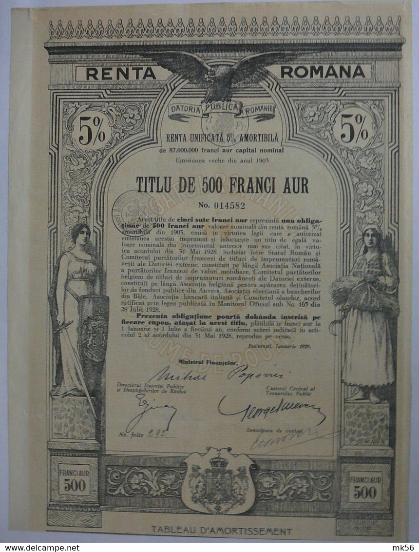 Renta Unificata 5 % Amortibila -titlu Purtat. De 500 Fr Aur (1929) - Otros & Sin Clasificación