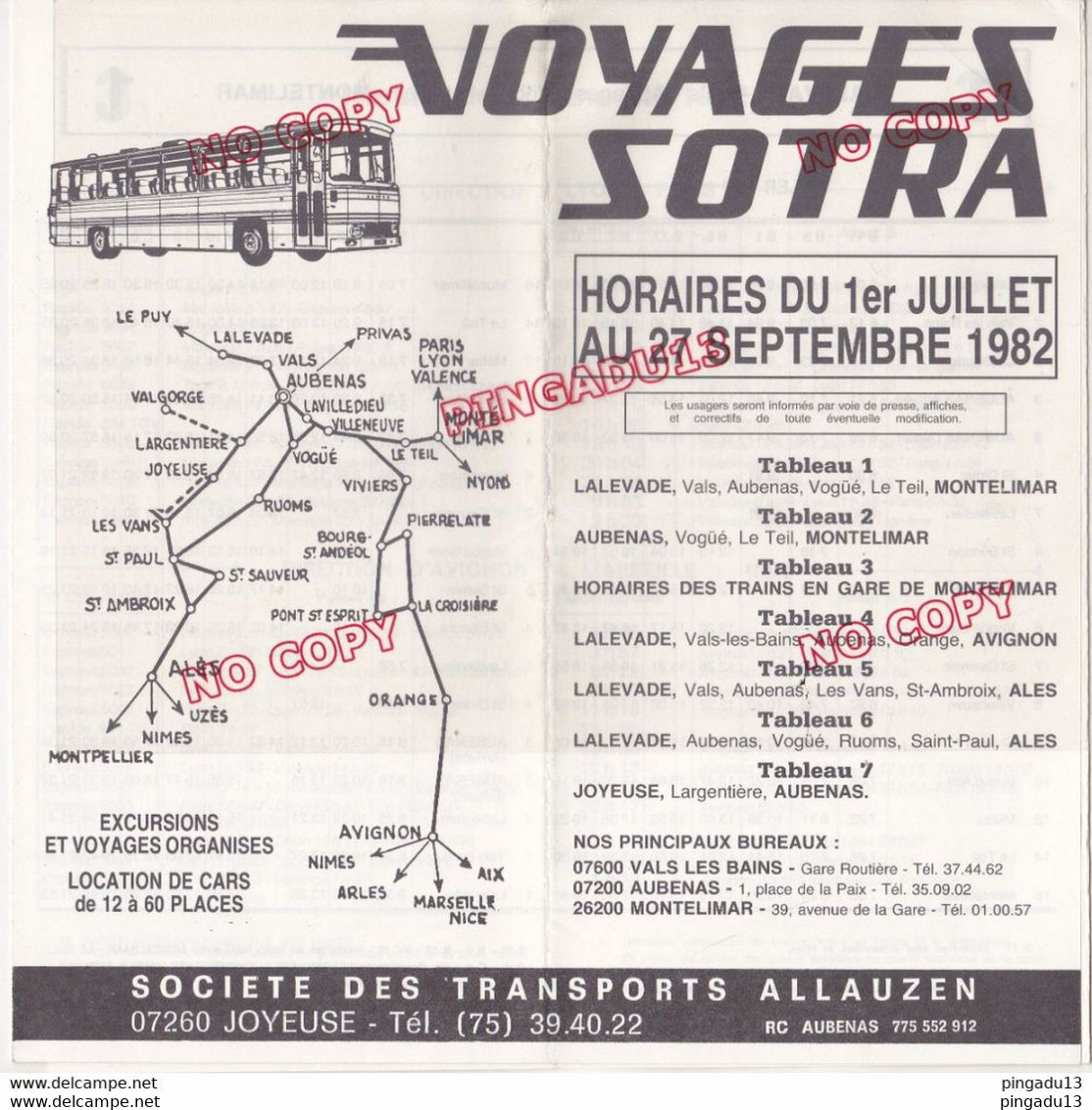 Au Plus Rapide Ardèche Joyeuse Autocar Autobus SOTRA Allauzen Horaires Du 1 Er Juil Au 27 Sept 1982 - Europa