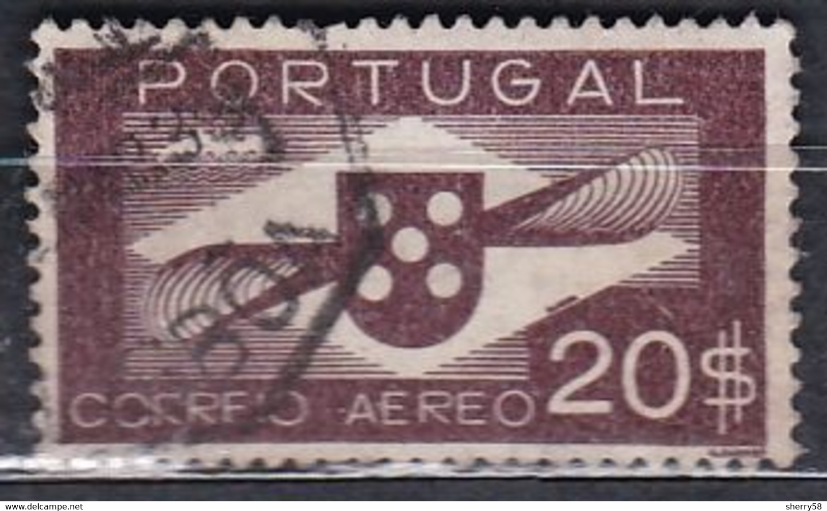 1937-41-Y&T. 9 CORREO AEREO. SERIE BÁSICA. 20 ESCUDOS MARRÓN OSCURO- USADO - Oblitérés