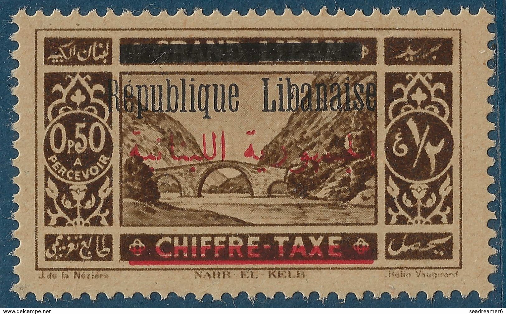 Grand LIBAN Taxe N°21** NON EMIS Surcharge Arabe Recto Verso Avec Grandes Barres En Bas En ROUGE TTB Signé R.CALVES - Postage Due