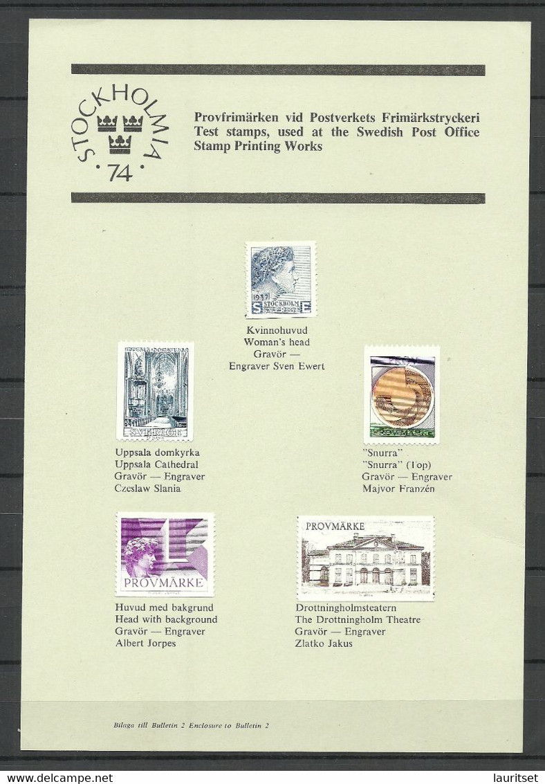 SCHWEDEN Sweden 1974 Philaausstellung Stockholmia Exhibition Sheet With Test Stamps Proos Essays - Essais & Réimpressions