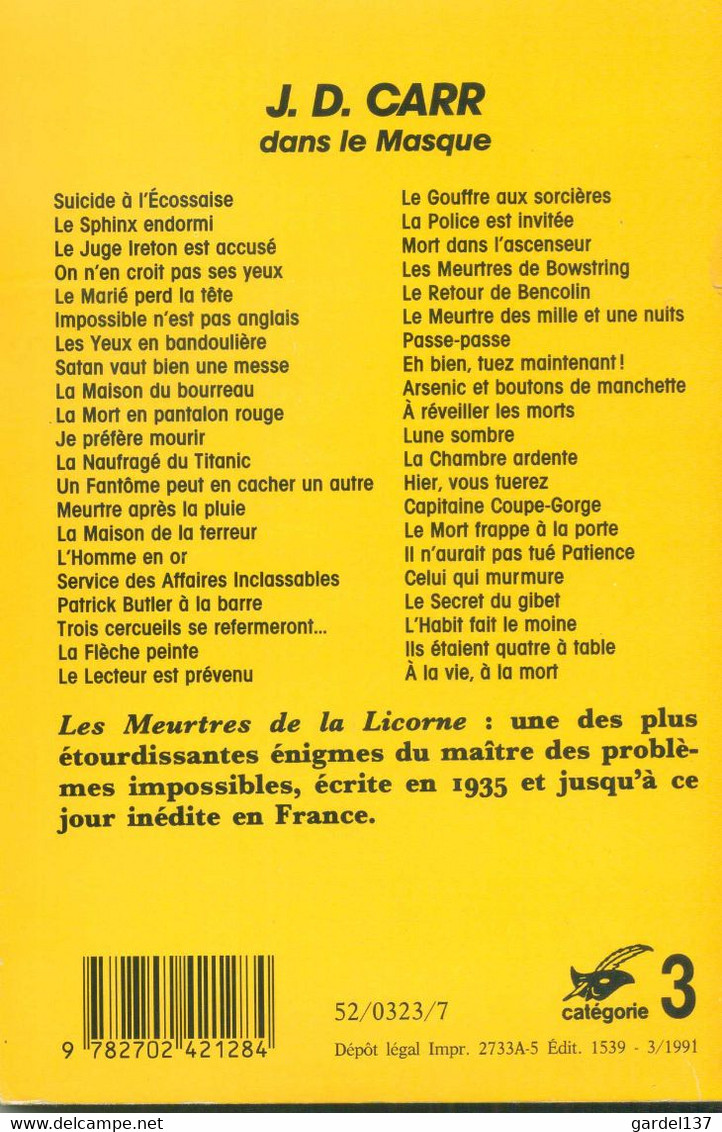 JOHN DICKSON CARR Les Meurtres De La Licorne 1935 - Le Masque