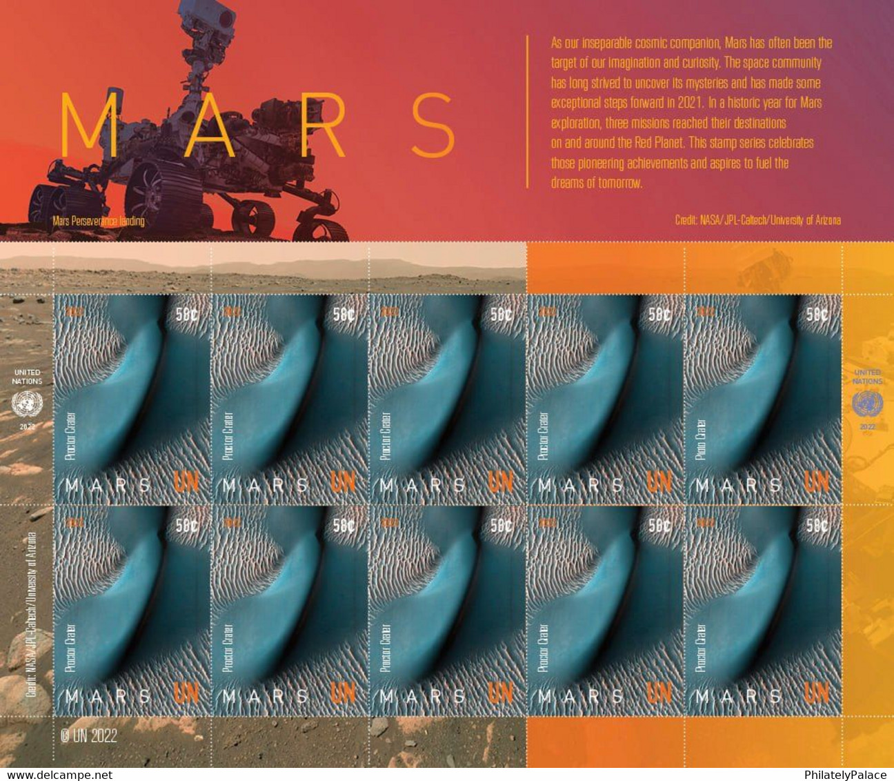 UN 2022 United Nations Planet Mars , Solar System, Rover, Satellite NASA Space, Sheet MNH (**) - Nuovi