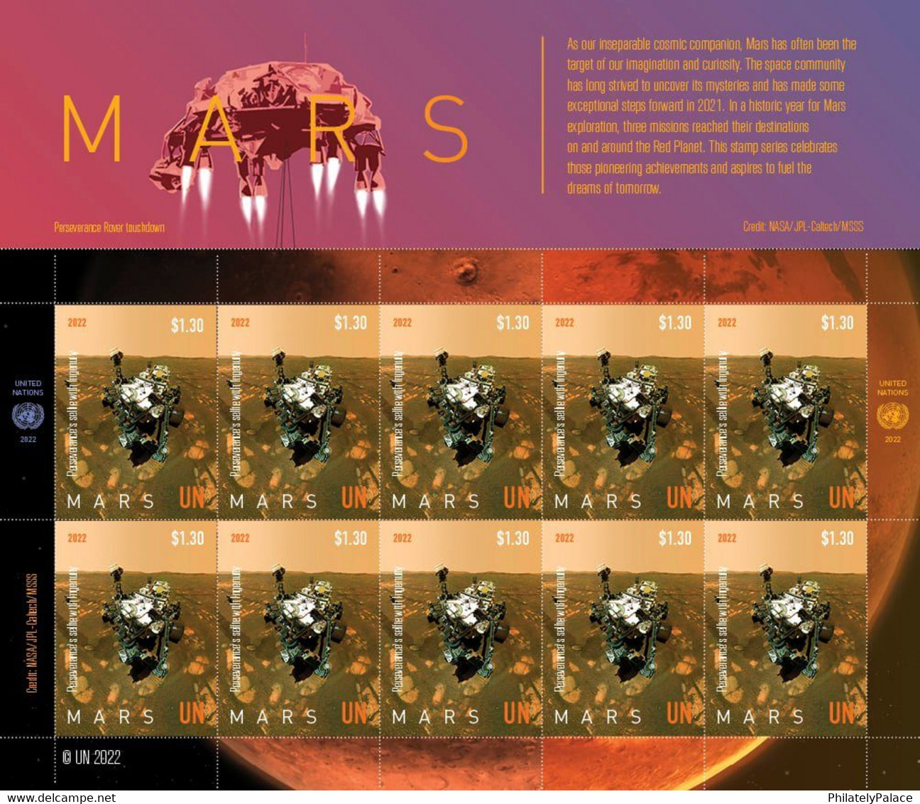 UN 2022 United Nations Planet Mars , Solar System, Rover, Satellite NASA Space, Sheet MNH (**) - Nuevos