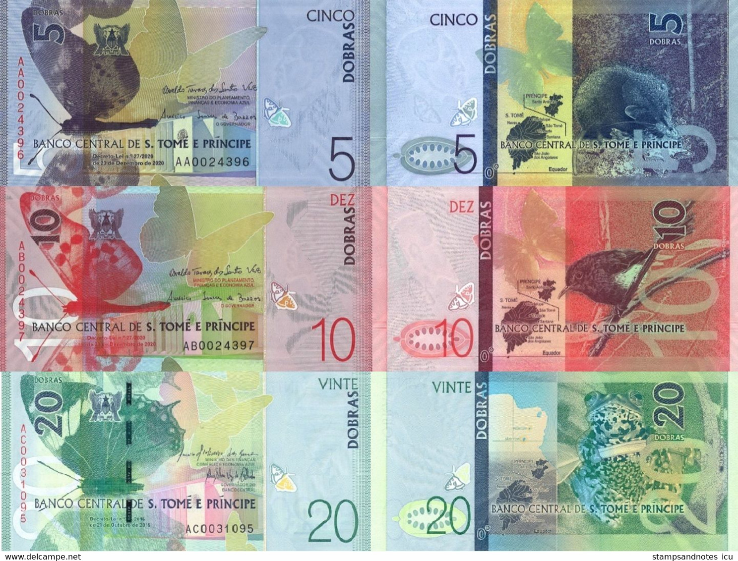 SAINT THOMAS & PRINCE 5 10 20 Dobras P 72 W76 W77 2016 2020 (2021) UNC Set 3 Banknotes Paper - Sao Tomé Et Principe