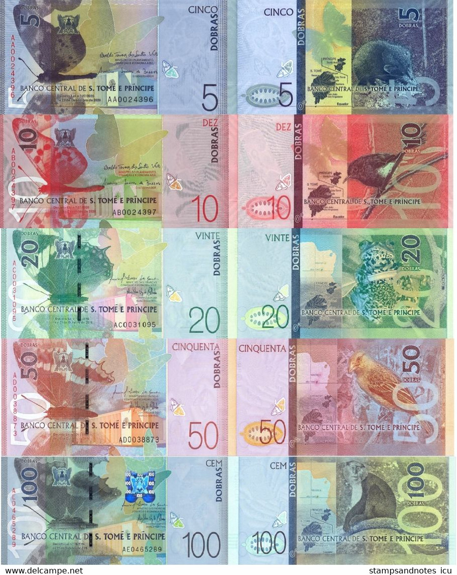 SAINT THOMAS & PRINCE 5 10 20 50 100 Dobras P 72 73 74 W76 W77 2016 2020 (2021) UNC Set 5 Banknotes, Paper - San Tomé Y Príncipe