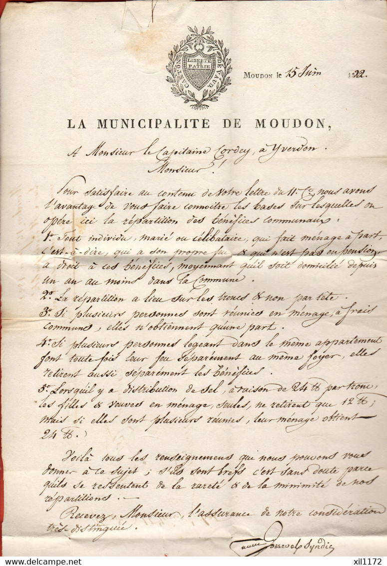 ZPH1-26 Lettre Municipalité Moudon 15 Juin 1822 Répartition Bénéfices Communaux Env. à Yverdon,signée Pissot - ...-1845 Prephilately