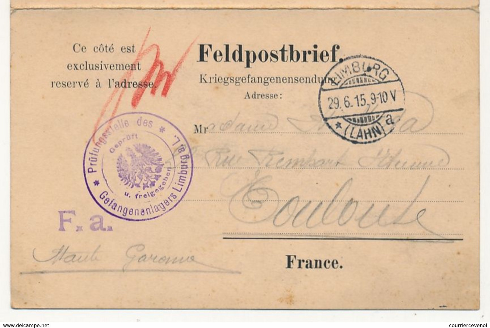 Carte Double Prisonnier Français - Camp De Limburg (Lahn) - 29/6/1915 - Censure Aigle - Guerre De 1914-18