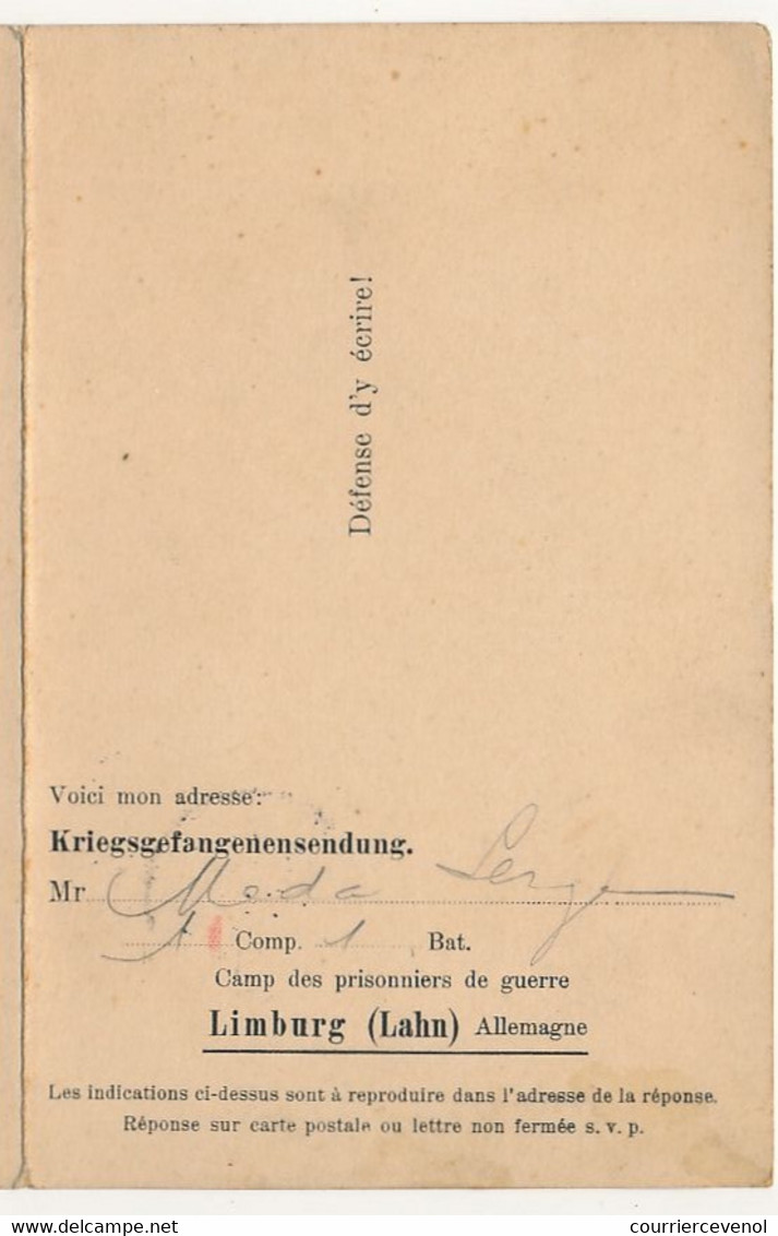 Carte Double Prisonnier Français - Camp De Limburg (Lahn) - 29/6/1915 - Censure Aigle - 1. Weltkrieg 1914-1918