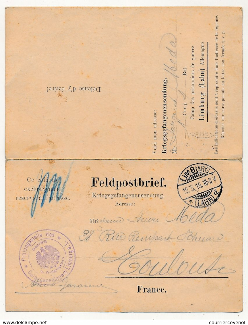 Carte Double Prisonnier Français - Camp De Limburg (Lahn) - 19/5/1915 - Censure Aigle - 1. Weltkrieg 1914-1918