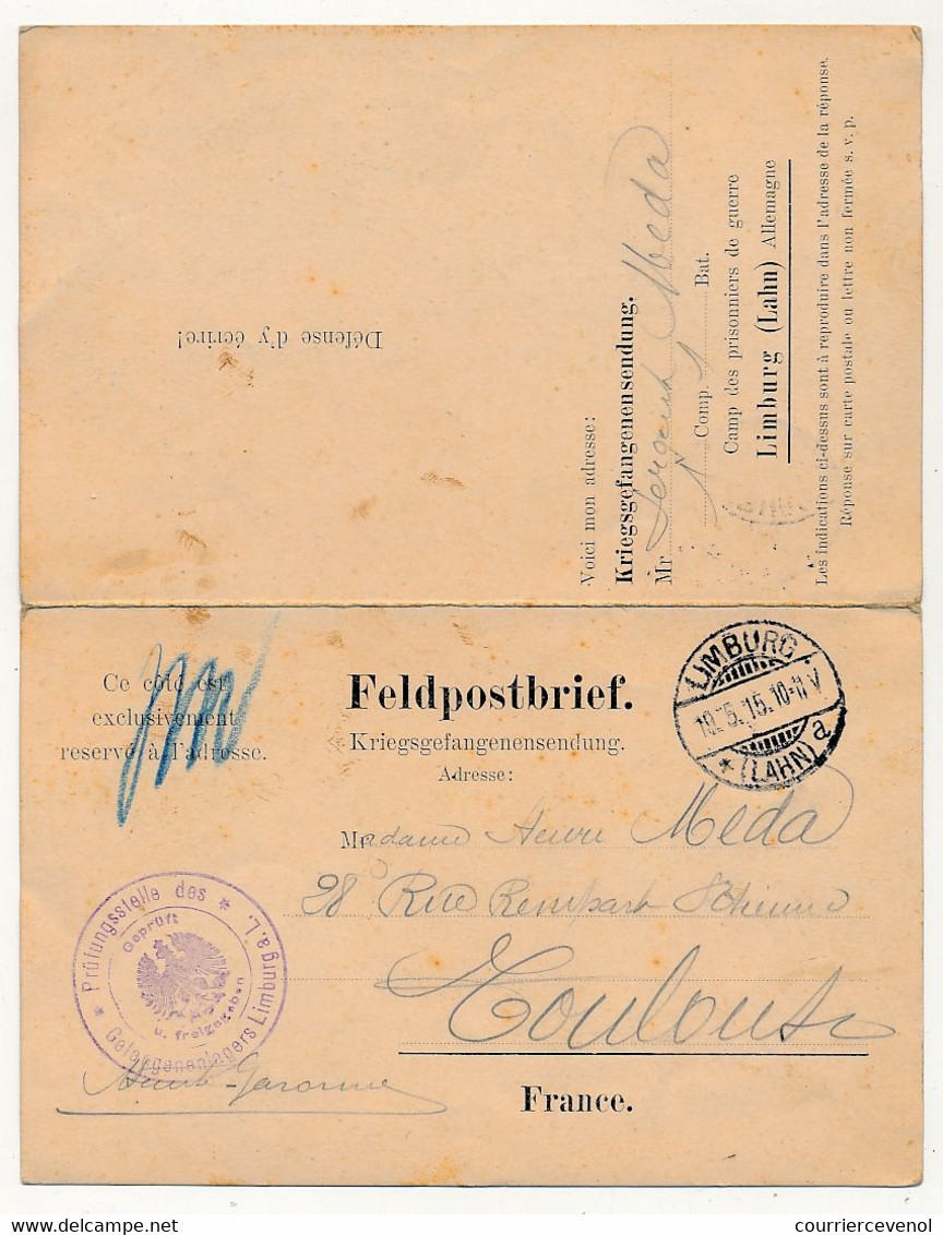 Carte Double Prisonnier Français - Camp De Limburg (Lahn) - 19/5/1915 - Censure Aigle - Guerre De 1914-18