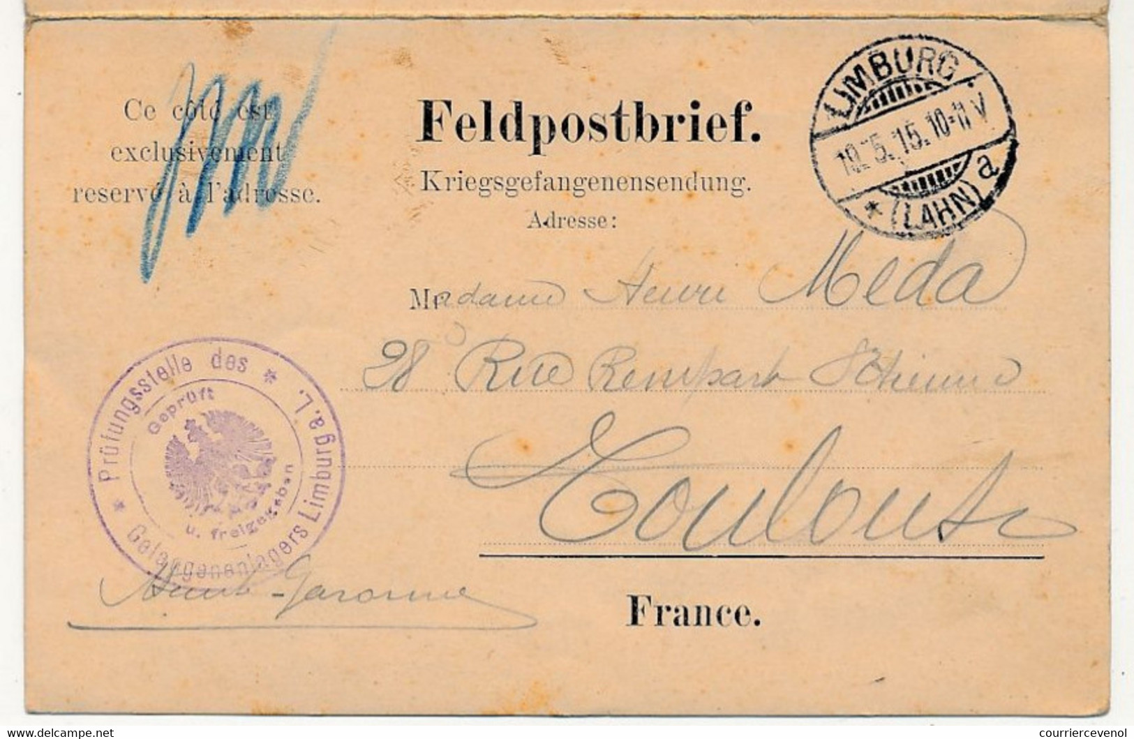 Carte Double Prisonnier Français - Camp De Limburg (Lahn) - 19/5/1915 - Censure Aigle - Guerre De 1914-18