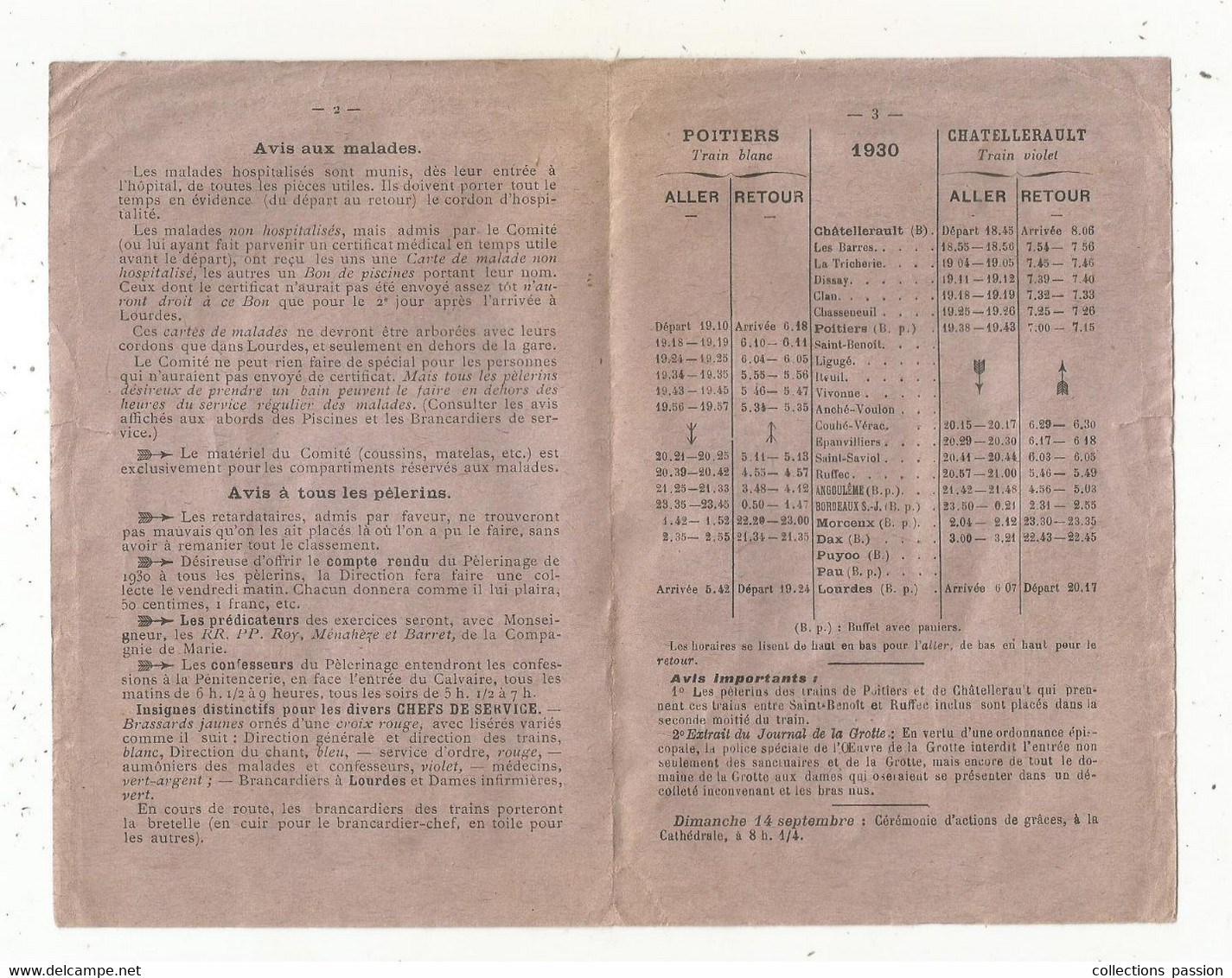 JC , Chemin De Fer, Horaires Des Trains , CHATELLERAULT, Vienne , Pélerinage Du Poitou , 1930, 3 Scans , Frais Fr 1.65 E - Eisenbahnverkehr