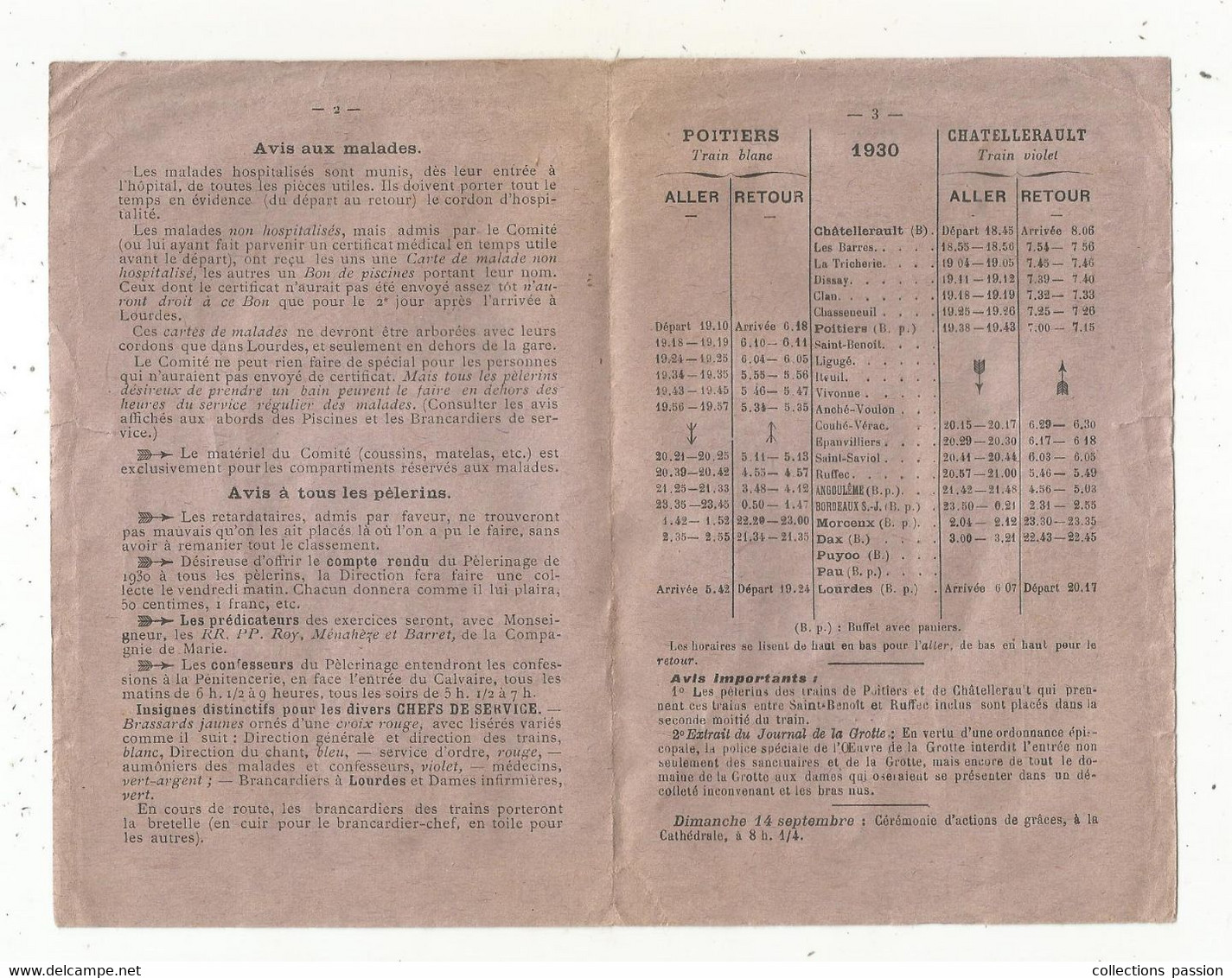 JC , Chemin De Fer, Horaires Des Trains , CHATELLERAULT, Vienne , Pélerinage Du Poitou , 1930, 3 Scans , Frais Fr 1.65 E - Chemin De Fer