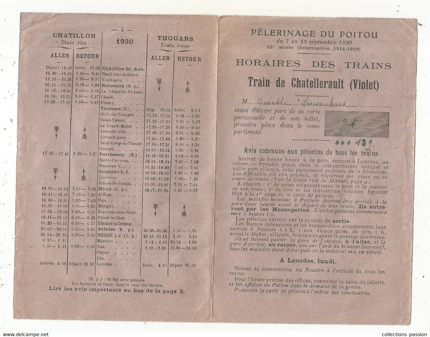 JC , Chemin De Fer, Horaires Des Trains , CHATELLERAULT, Vienne , Pélerinage Du Poitou , 1930, 3 Scans , Frais Fr 1.65 E - Chemin De Fer
