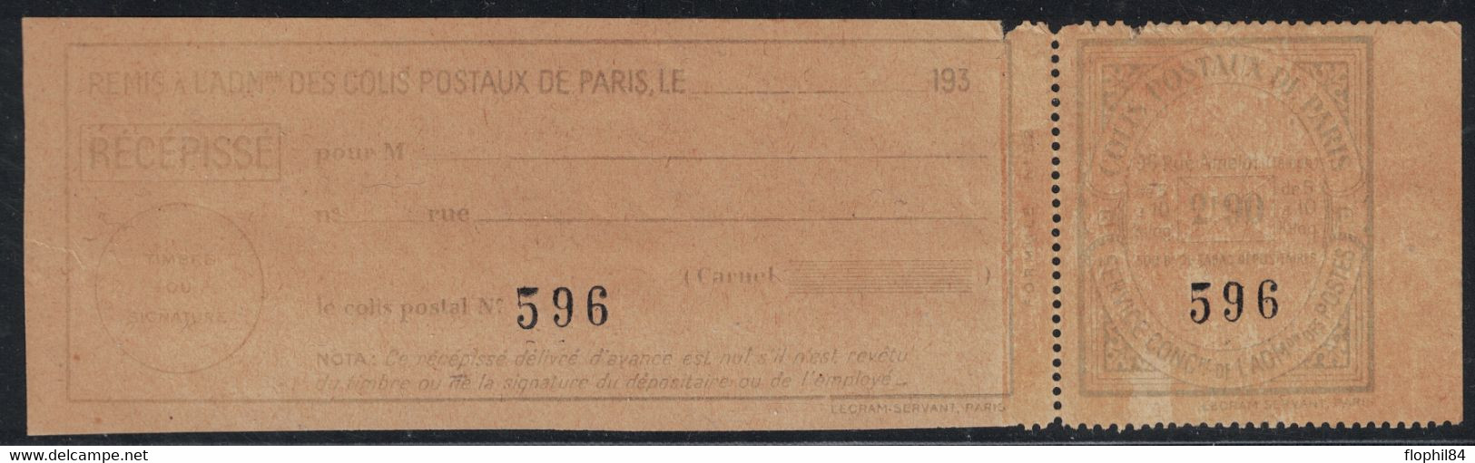 COLIS POSTAUX DE PARIS POUR PARIS - N°153 - 2F90 BLEU CLAIR SUR PAPIER JAUNE (NON SIGNALE ) - COTE DU NORMAL 22€. - Ungebraucht
