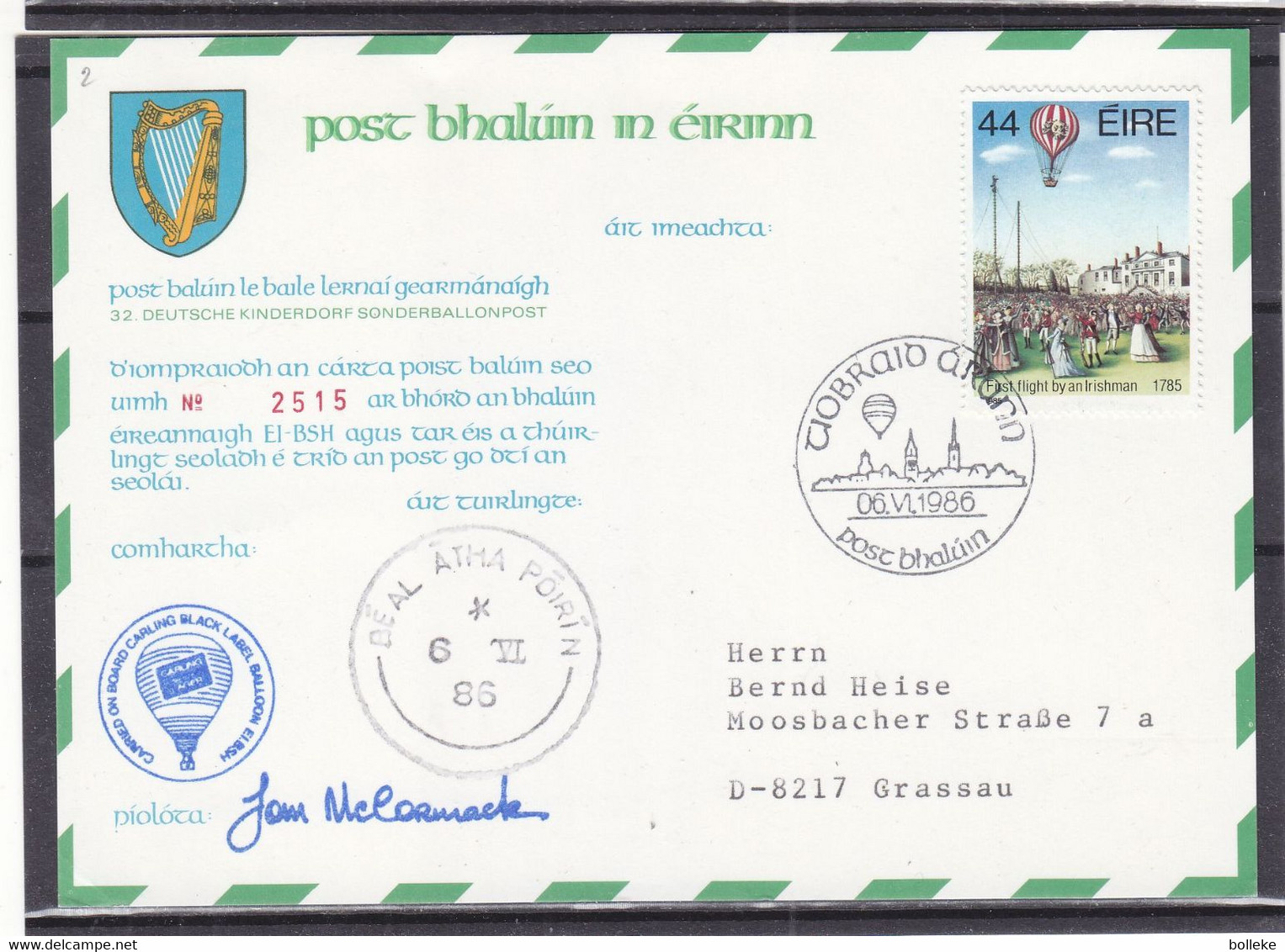 Irlande - Carte Postale De 1986 - Vol Par Ballon - Cachet Beal Atha Poirin - Cartas & Documentos