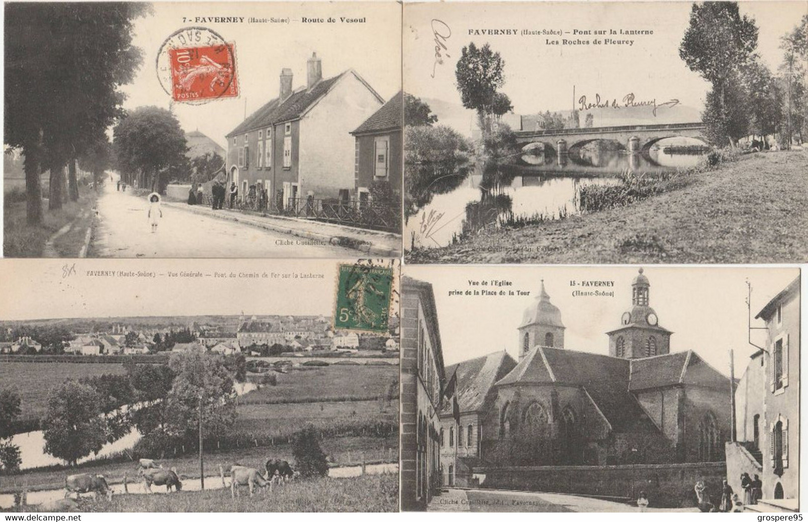 FAVERNEY VUE GENERALE + ROUTE DE VESOUL + PONT SUR LA LANTERNE + EGLISE 1913 1916 1917 - Autres & Non Classés