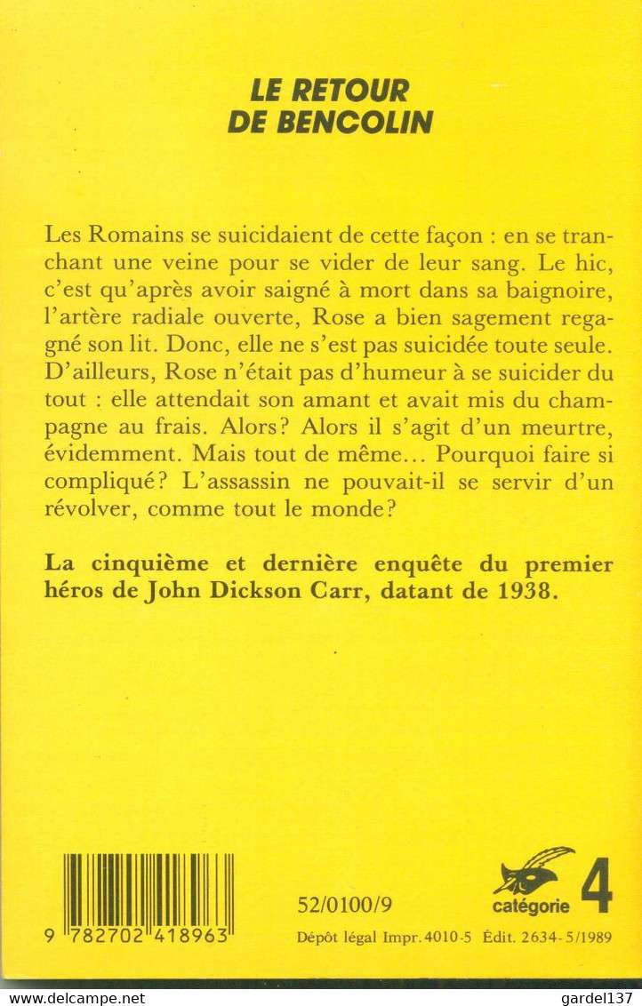JOHN DICKSON CARR Le Retour De Bencolin 1938 - Le Masque