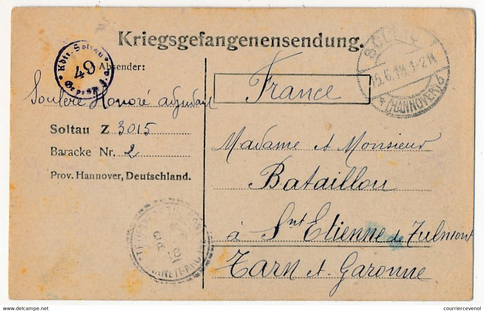 Carte Prisonnier Français - Camp De Soltau Z (Hannover) - 15/6/1918 - Censure 49 - Guerre De 1914-18