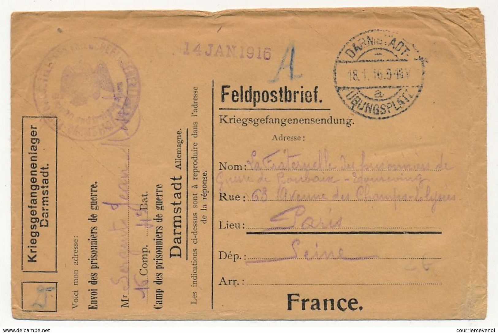 Enveloppe Prisonnier Français - Camp De Darmstadt - 14 Janvier 1916 - Censure (peu Lisible) - 1. Weltkrieg 1914-1918