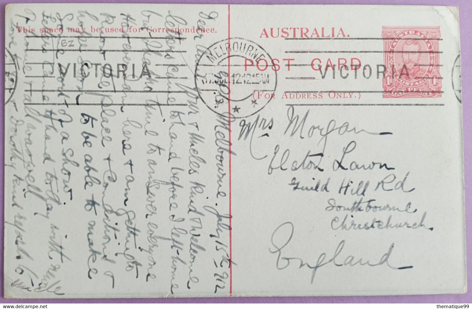 Entier Postal D'Australie (1912) Illustré Chute D'eau, Arbre, Cailloux, Phantom Falls Victoria - Other & Unclassified