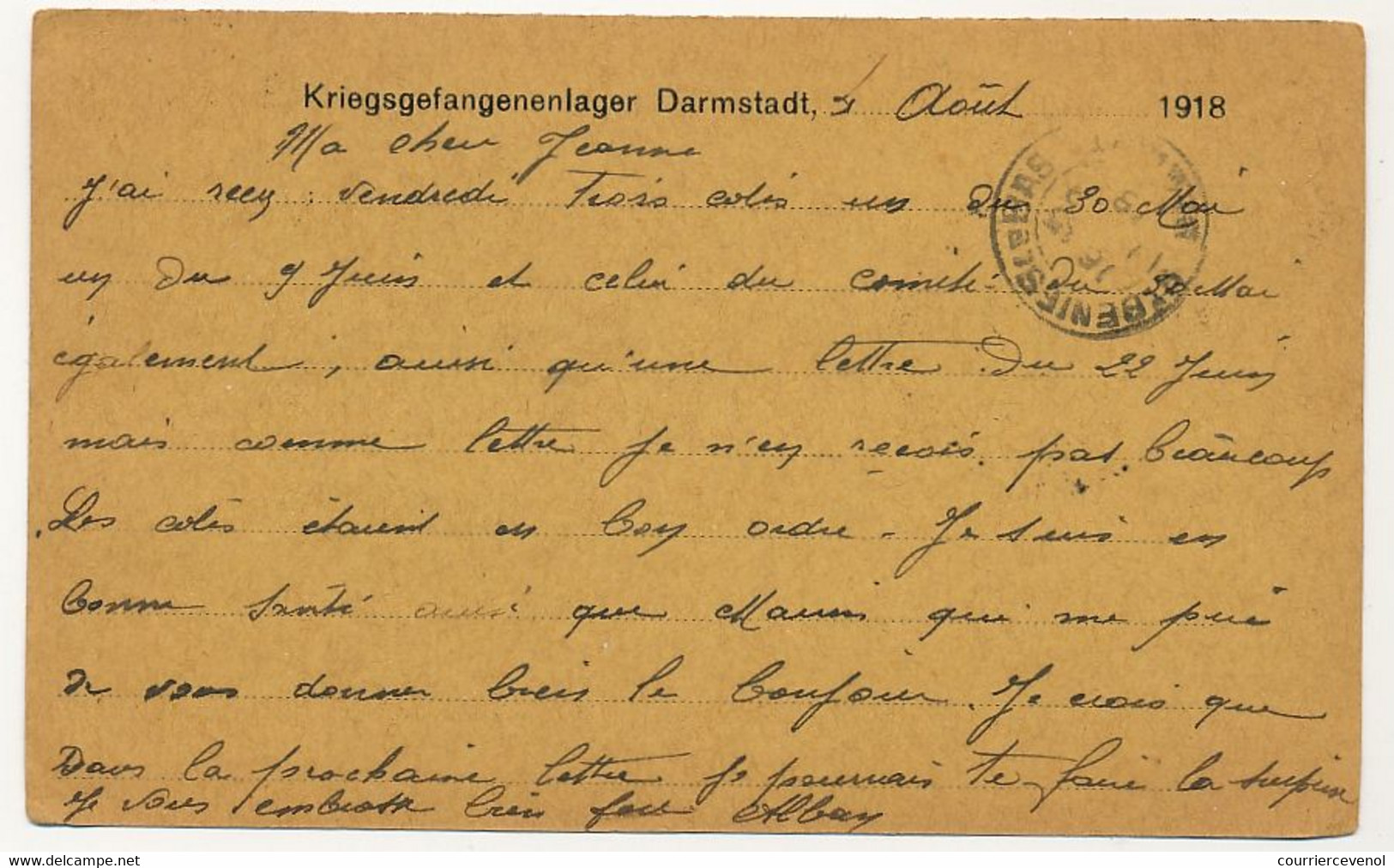 Carte Prisonnier Français - Camp De Darmstadt - Juillet 1918 -  Censure / Lecteur 37 - WW I