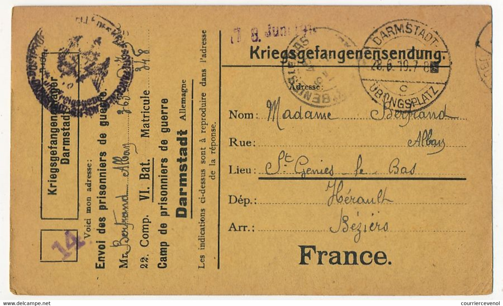 Carte Prisonnier Français - Camp De Darmstadt - Juin 1919 -  Censure / Lecteur 14 - Guerre De 1914-18