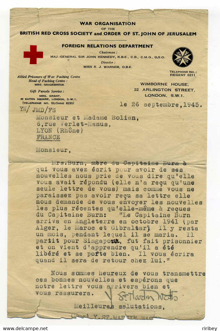 British Red Cross / Lettre De Londres Pour Lyon / WW2  1945 / Croix Rouge Anglaise - Croce Rossa