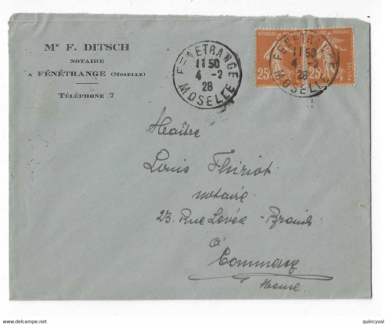 FENETRANGE Moselle Lettre Entête DITSCH Notaire 25c Semeuse Jaune Brun Yv 235 Ob 1928 - Covers & Documents
