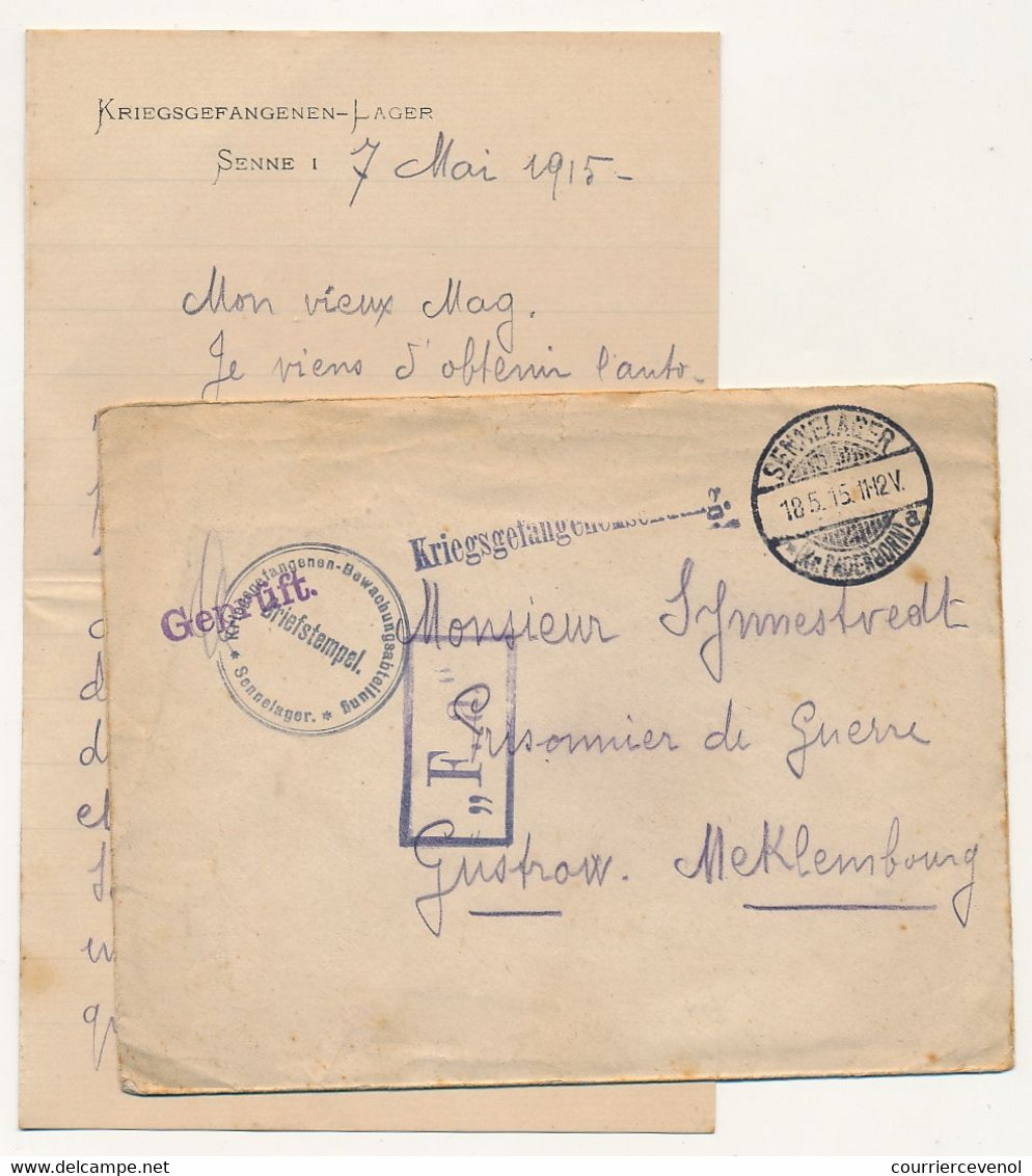 Lettre Prisonnier Français - Camp De Senne 1 - 18/5/1915 - Censure - Guerre De 1914-18