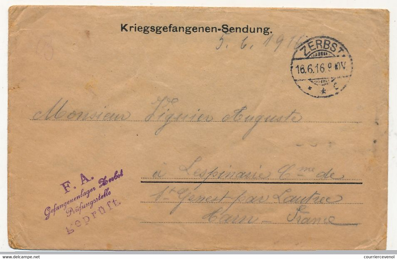 Enveloppe Prisonnier Français - Camp De Zerbst (Anh) - 16/6/1916 - Bilingue Russe / Français - Censure - 1. Weltkrieg 1914-1918