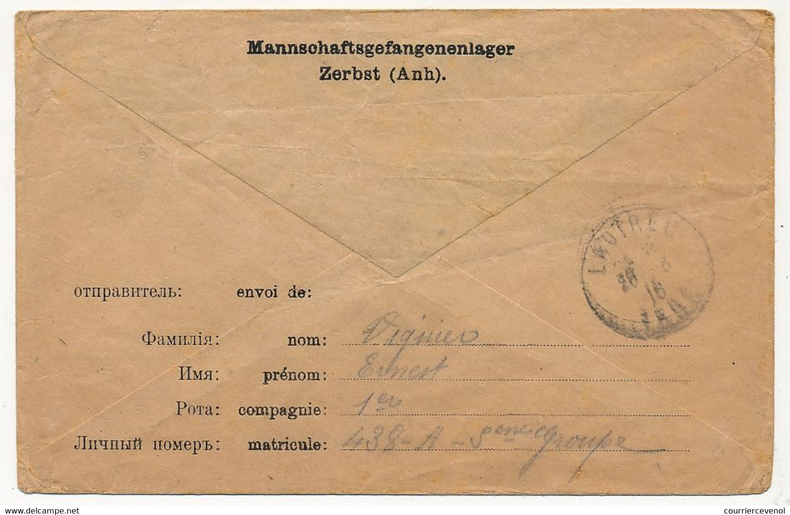 Enveloppe Prisonnier Français - Camp De Zerbst (Anh) - 16/6/1916 - Bilingue Russe / Français - Censure - 1. Weltkrieg 1914-1918