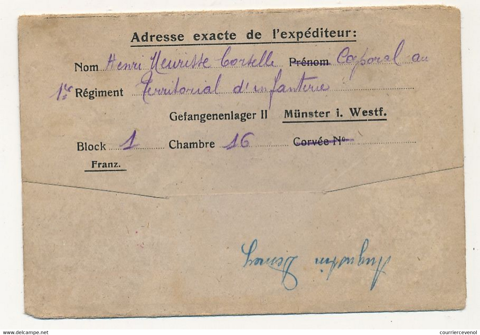 Lettre Prisonnier Français - Camp De Münster I. Westf. - 1918 - Censure - Guerre De 1914-18